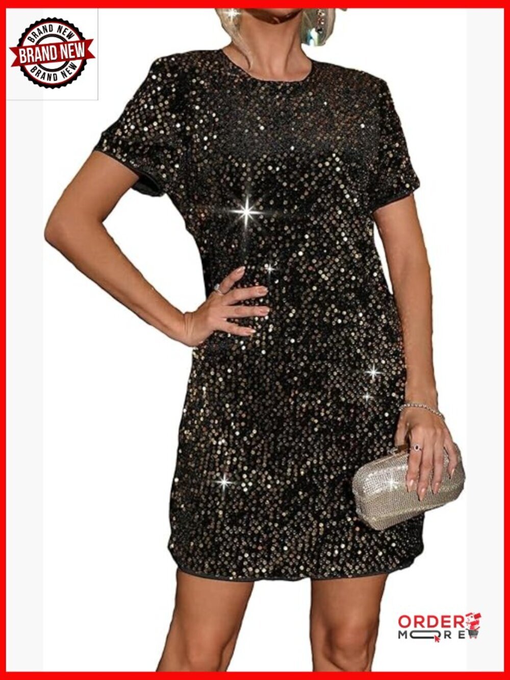 Sparkly Sequin T Shirt Dress Short Sleeve Crewneck Loose Glitter Party Club